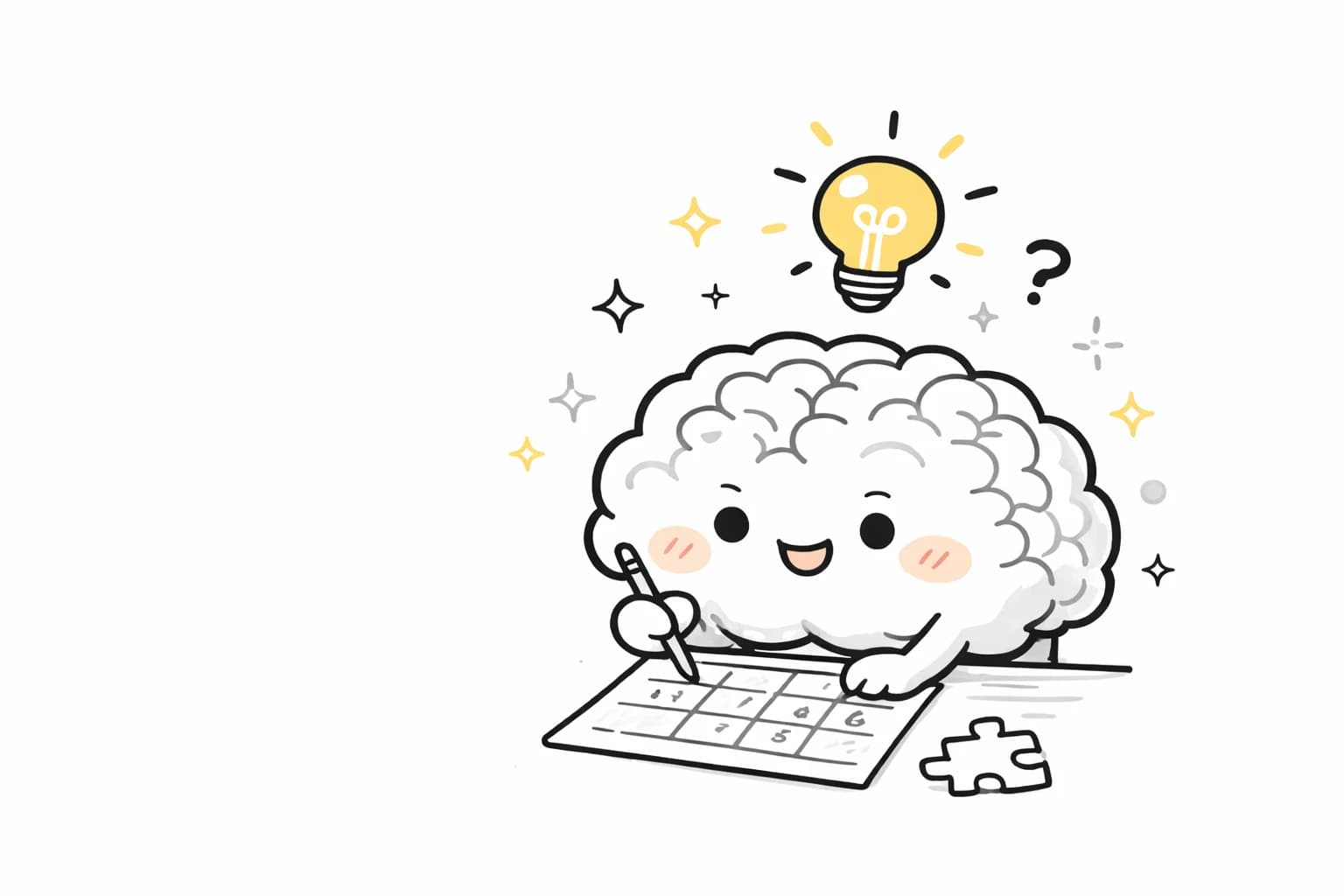 A smiling brain character solving a puzzle with a light bulb overhead.