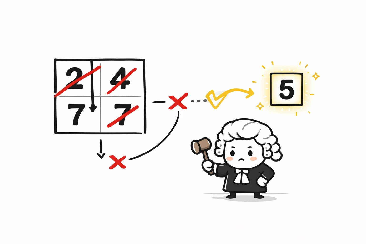 A judge examines crossed-out numbers and confirms the correct choice.