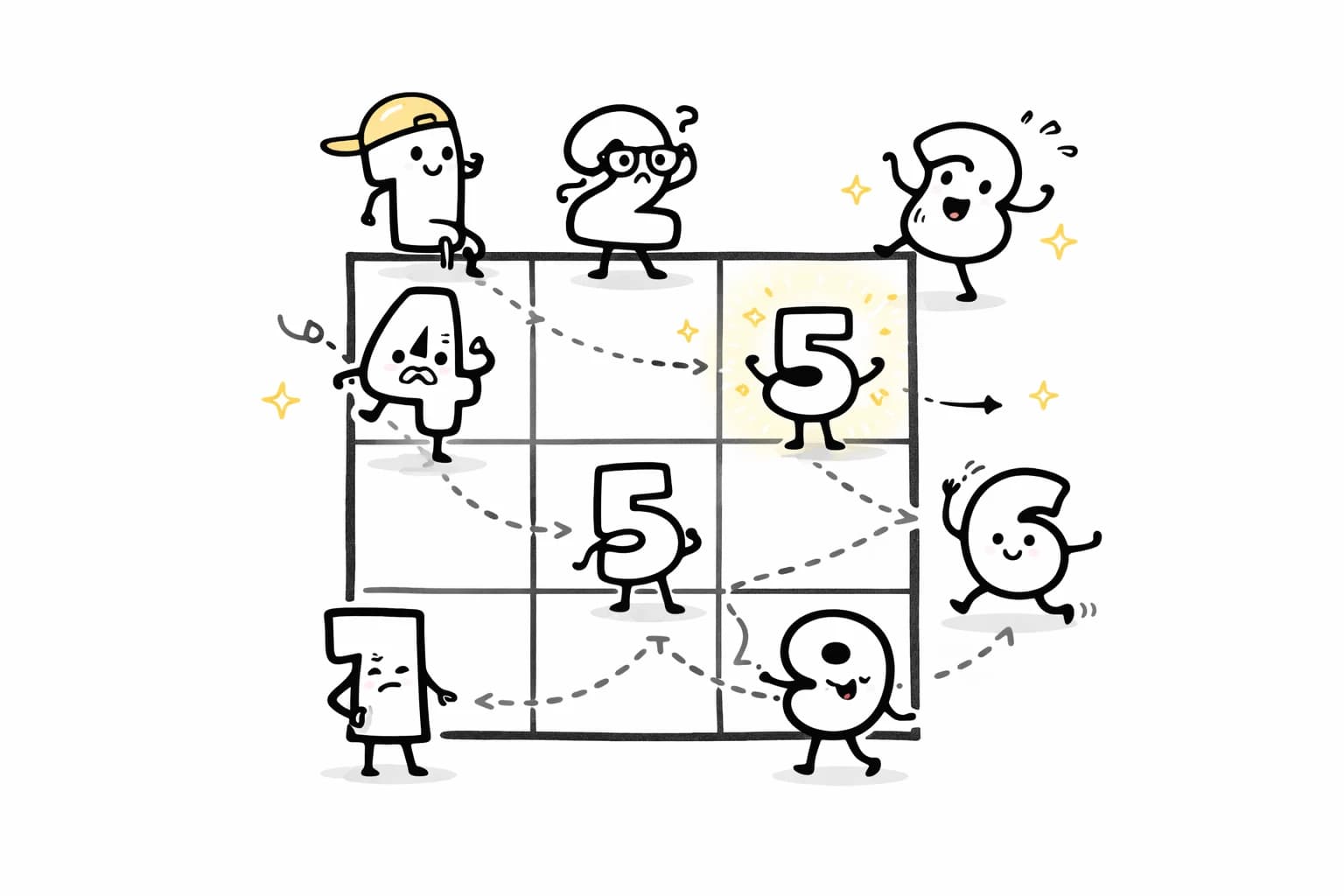 Playful number characters moving through a shared grid and finding their places.